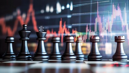 Chess King and Pawns on a Board with Stock Market Data and Red Graphs