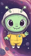 Adorable Alien Astronaut Floating in Space with a Friendly Wave.