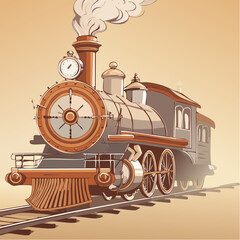 Victorian-era steam locomotive leaving a foggy train station, intricate mechanical component