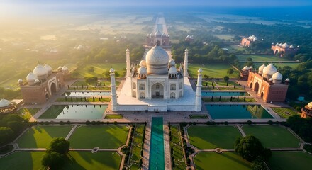 Obraz premium Aerial Drone View of Taj Mahal at Sunrise, Agra India