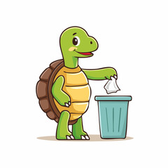 Young turtle throwing a wrapper into a waste bin, flat colorful vector