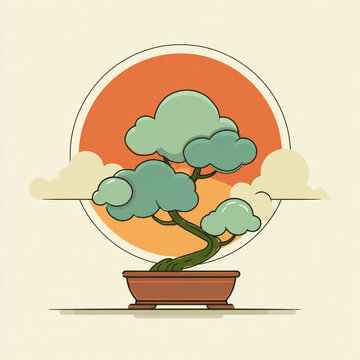 A stylized Japanese bonsai tree with intricate branching and lush foliage. The clean, modern aesthetic captures the timeless essence of Zen.