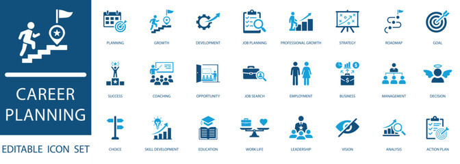 Career Planning Icon Set. Modern Glyph Icons for action plan, Success Roadmap, Skill Development, Job Search, Coaching, and Business Leadership Concepts. © Pixel Flat Design