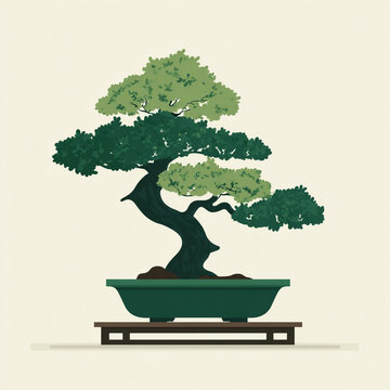A stylized Japanese bonsai tree with intricate branching and lush foliage. The clean, modern aesthetic captures the timeless essence of Zen.