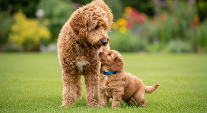 Adult sheepadoodle interacts with puppy in a garden while the puppy takes a cautious step forward
