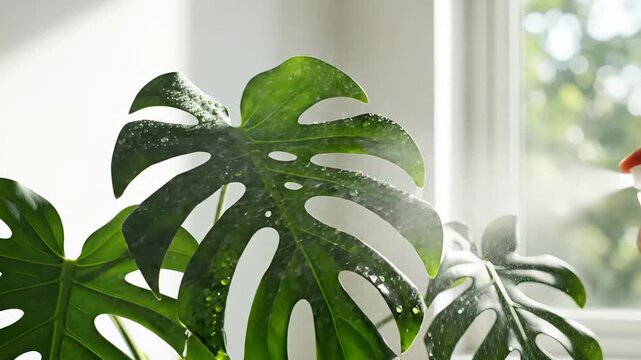 Caring for Indoor Houseplants Spraying Water on Leaves