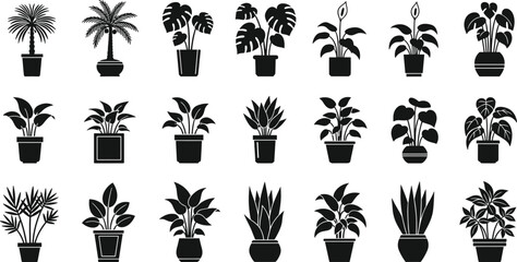 Plants, Plant, Houseplant, Indoor, Potted, Pot, Botanical, Foliage, Leaves, Nature, Garden, Decor, Home, Silhouette, Icon, Icons, Set, Collection, Vector, Illustration © Itz Raju