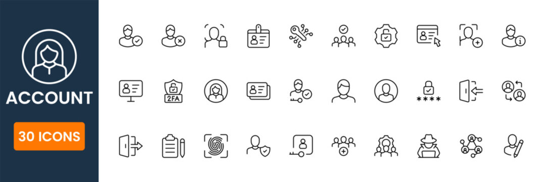 account icons collection, user management and login symbols, profile security authentication vector icons for web and mobile apps