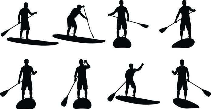 Optimized Adobe Stock Title Vector silhouette set of people practicing stand up paddleboarding on the water for summer sports, fitness, and outdoor lake activity themes.