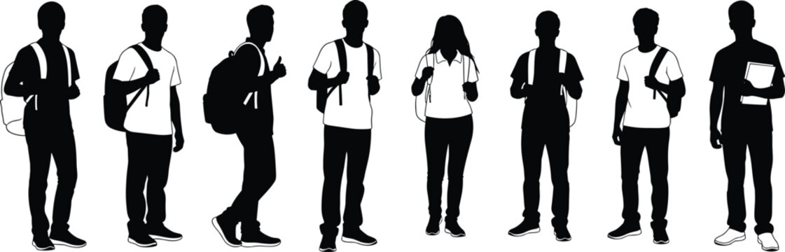 Optimized Adobe Stock Title Vector silhouettes of diverse high school or college students wearing backpacks and holding books for education, campus life, and learning themes.