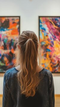 Girl with hair pulled back looking at paintings