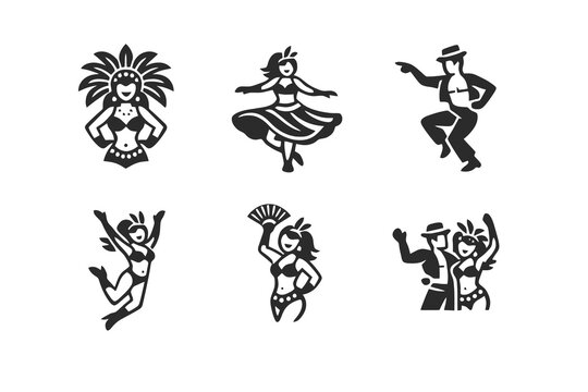Monochromatic carnival parade dancer icons in flat vector format. Ideal for event design, festival visuals, cultural graphics, and digital marketing.