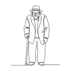Obraz premium Elderly Man with Glasses and Walking Stick Line Drawing