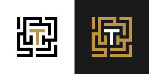 Fototapeta premium square labyrinth logo design inspiration with letter T