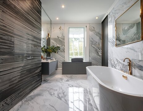 minimal modern interior of luxury white gray marble bathroom design in luxurious classic hotel with bathtub