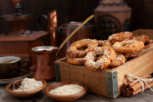 Traditional Homemade sesame Turkish sesame ring cookies kandil simidi with coffee