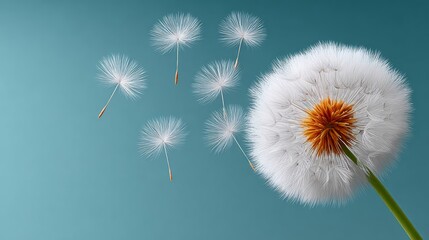 Delicate dandelion seeds drifting gracefully against a soft teal background, showcasing intricate details of the flower head and seeds in ultra-photorealistic quality