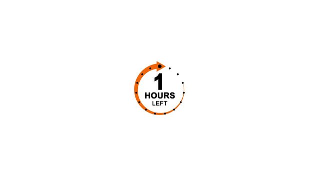 Abstract countdown timer and rotating circle with 1 hours left text animation on white screen. Waiting for 1 left. Clock 24 hours icon.