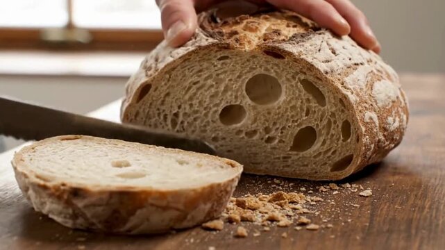 Freshly baked artisan sourdough bread being sliced on a wooden board, showcasing its crusty exterior and airy crumb structure