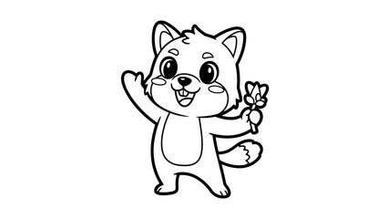Fototapeta premium Cute cartoon animal character waving and holding a flower for a coloring book page