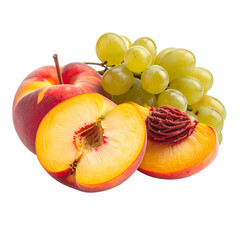 A group of fresh fruits, including grapes, an apple, and sliced peaches, on a dark bg