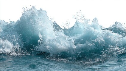 Turbulent ocean wave, vibrant blue, cresting and breaking against a white background