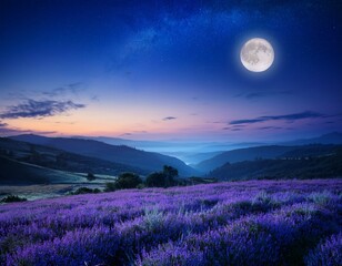 a tranquil moonrise over a peaceful valley with soft shades of lavender and midnight blue in the night sky
