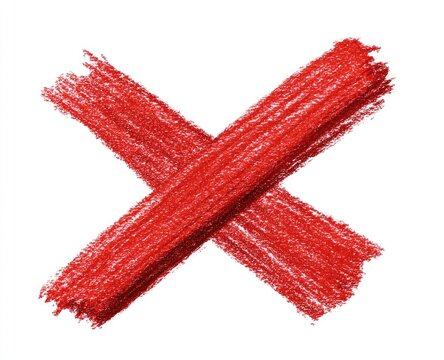 A large, hand-drawn red "X" composed of layered crayon strokes, isolated on white