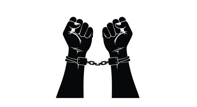 Black fists raised in solidarity restrained by metal handcuffs and chains
