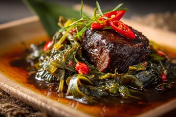 Plate of Pepperpot Stew featuring succulent beef tenderloin in rich dark sauce, garnished with greens and chili peppers. Concept of rustic Caribbean festive meat spice sauce.