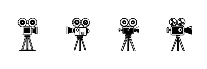Vintage Film Camera Icons In Hand Drawn Style Set. Cinematic Equipment, Movie Production, Filmmaking Tools Doodle Sketch Collection. Retro Cinema Art. Isolated Vector Illustration