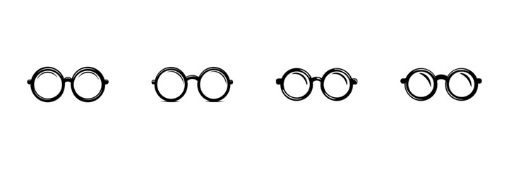 Round Glasses Icon Set In Hand Drawn Style. Vintage Eyewear, Fashion Accessory, Optical Frames Doodle Sketch Collection. Retro Style Glasses. Isolated Vector Illustration