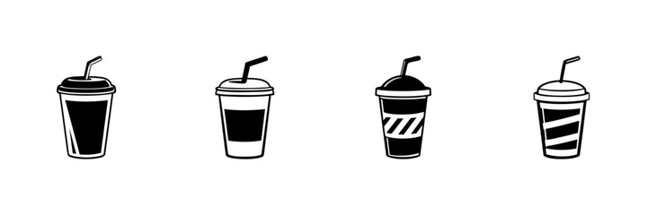 Four Takeaway Coffee Cups With Straws In Hand Drawn Style Set. Beverage To-Go, Cafe Culture, Refreshment Doodle Sketch Collection. Isolated Vector Illustration