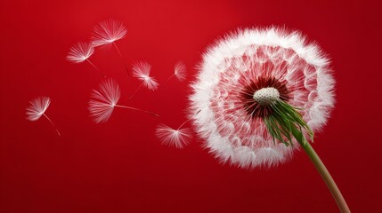 Obraz premium Ultra realistic close-up photo of a dandelion with delicate white seeds on a slender green stem, isolated against a vibrant red background with seeds dispersing in the wind