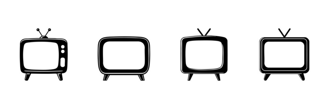 Retro Television Set Icons In Hand Drawn Style Set. Vintage Tv, Broadcasting, Media History Doodle Sketch Collection. Classic Entertainment Devices. Isolated Vector Illustration