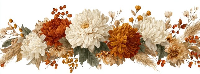A watercolor floral border of autumnal blooms in warm tones, set against a white backdrop