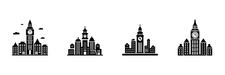 Obraz premium Clock Tower Cityscape Icons In Hand Drawn Style Set. Urban Skyline, Architecture, Landmark Representation Doodle Sketch Collection. City Planning Elements. Isolated Vector Illustration