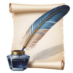 Parchment Scroll with Quill Pen and Inkwell
