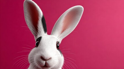 Obraz premium White rabbit with black markings peeking curiously against a vibrant pink backdrop, ideal for Easter-themed designs and spring projects, featuring ultra-photorealistic details and softbox studio light