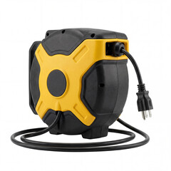 Electric cord reel with black cable and yellow casing for tools and gardening appliances. Cord reel features durable construction and practical design for outdoor and indoor use.
