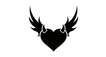 Fototapeta premium Black silhouette of a heart with devil horns and feathered wings.