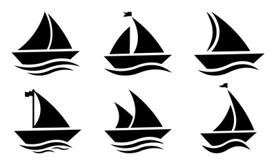 Set of six sailboat icons with wavy water, representing sailing, nautical travel, adventure, and maritime themes in a simple black silhouette style, perfect for design elements © sorov