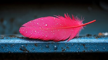 Vibrant Pink Feather Adorned with Raindrops Resting on a Blue Surface.