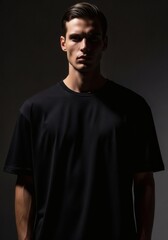 Fototapeta premium Young man wearing a black t-shirt standing against a dark background.