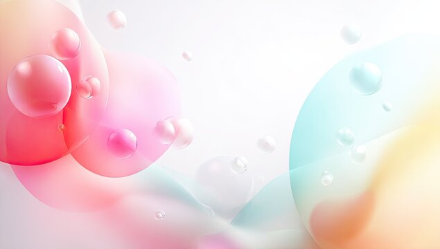 Abstract 3D rendering with translucent, colorful orbs and fluid forms on a white backdrop