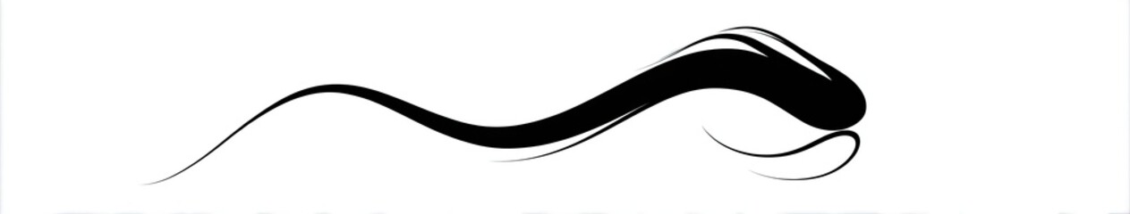 A black, flowing abstract shape curves across a white background. It has both thick and thin lines