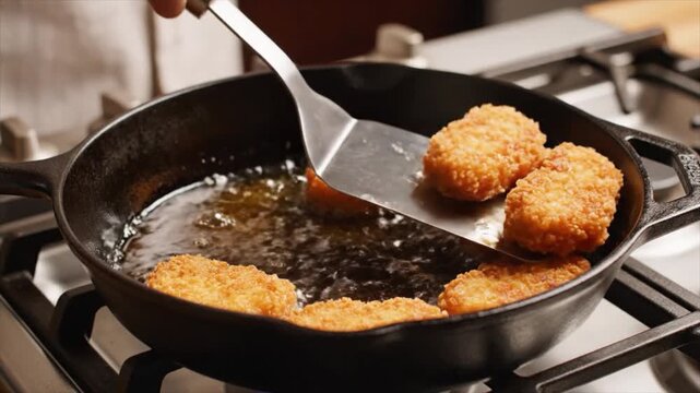 Frying nuggets in a cast iron skillet on a gas stove with a spatula lifting one nugget