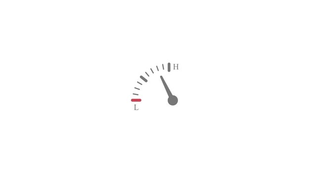 Simple gauge animation clearly illustrating the movement of a needle from a low level indication toward a high level reading on a white background for conceptual use