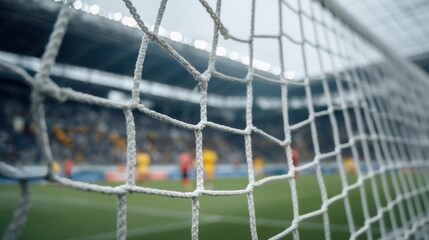 Naklejka premium Close-Up Perspective of White Soccer Goal Net with Blurry Players in Background at Stadium