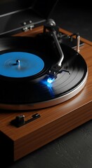 Vintage Turntable Playing Vinyl Record with Blue Label.
